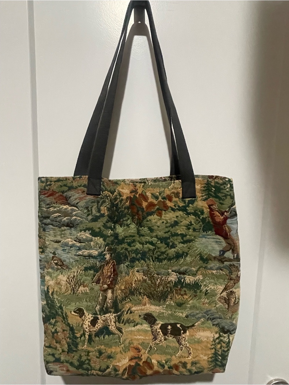 Vintage Woven Hunting Scene Tapestry Tote Bag